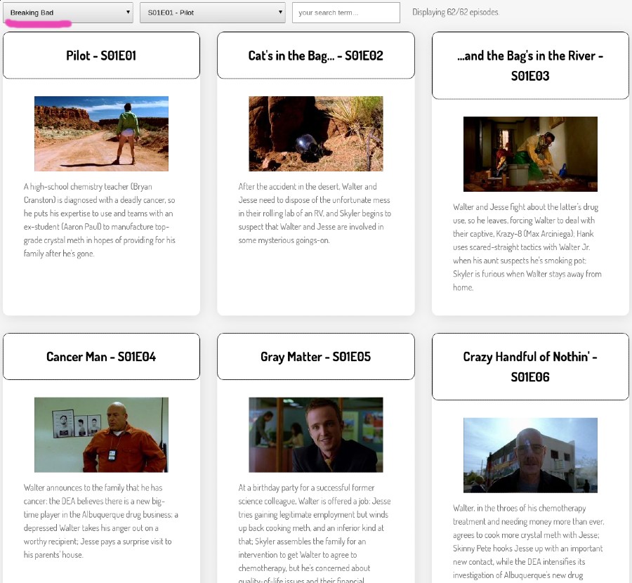 Screenshot of a website with a drop-down list with the show “Breaking Bad” selected