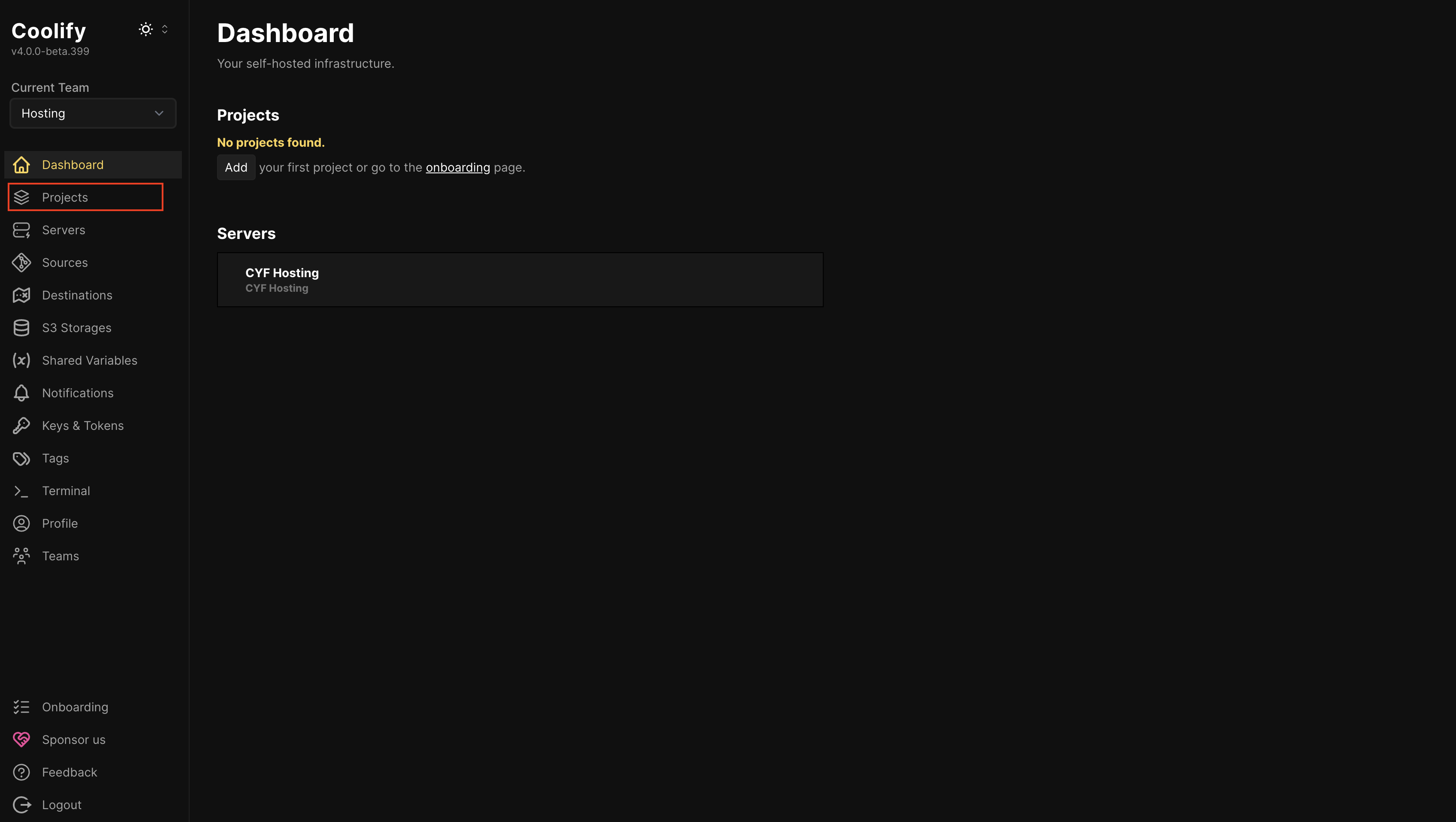 Click the Projects menu item